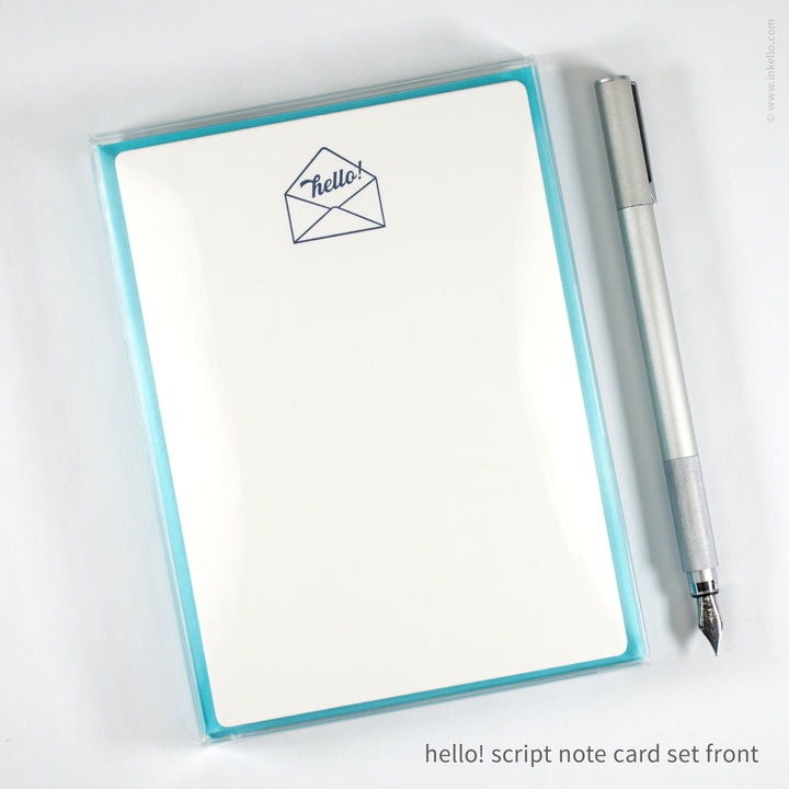 Flat Note Card Set with Navy "Hello!" Script (