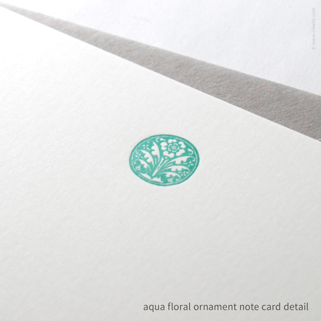 Flat Note Card Set with Vintage Aqua Floral Ornament (