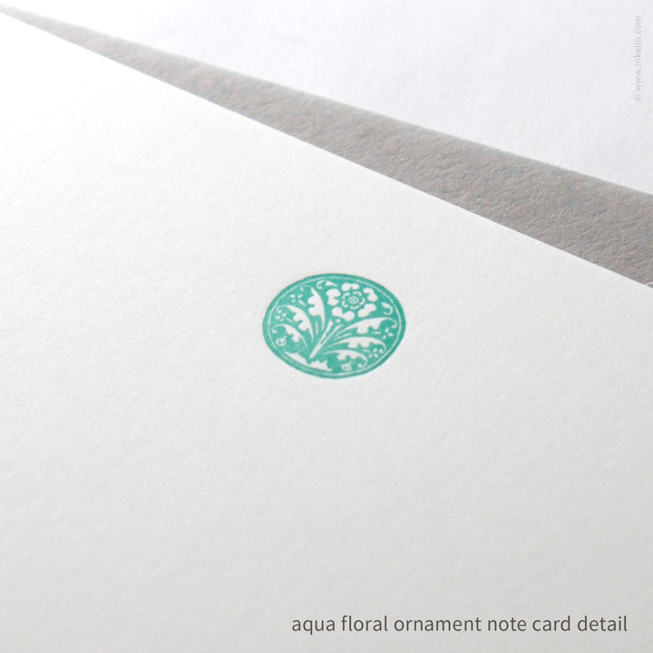 Flat Note Card Set with Vintage Aqua Floral Ornament (