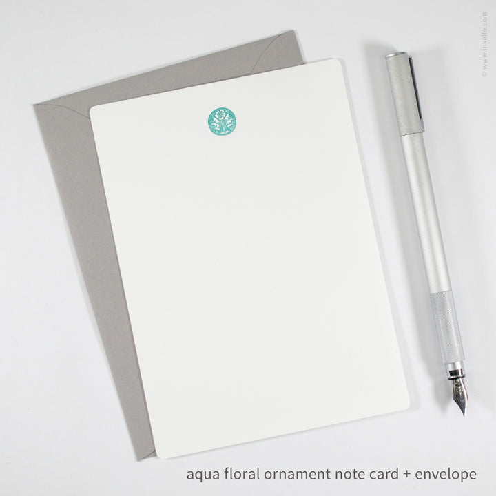 Flat Note Card Set with Vintage Aqua Floral Ornament (