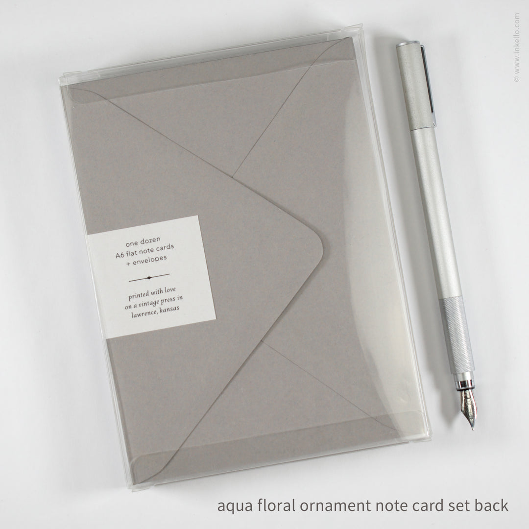 Flat Note Card Set with Vintage Aqua Floral Ornament (