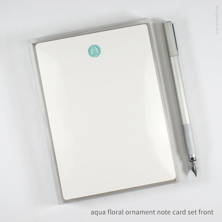 Flat Note Card Set with Vintage Aqua Floral Ornament (