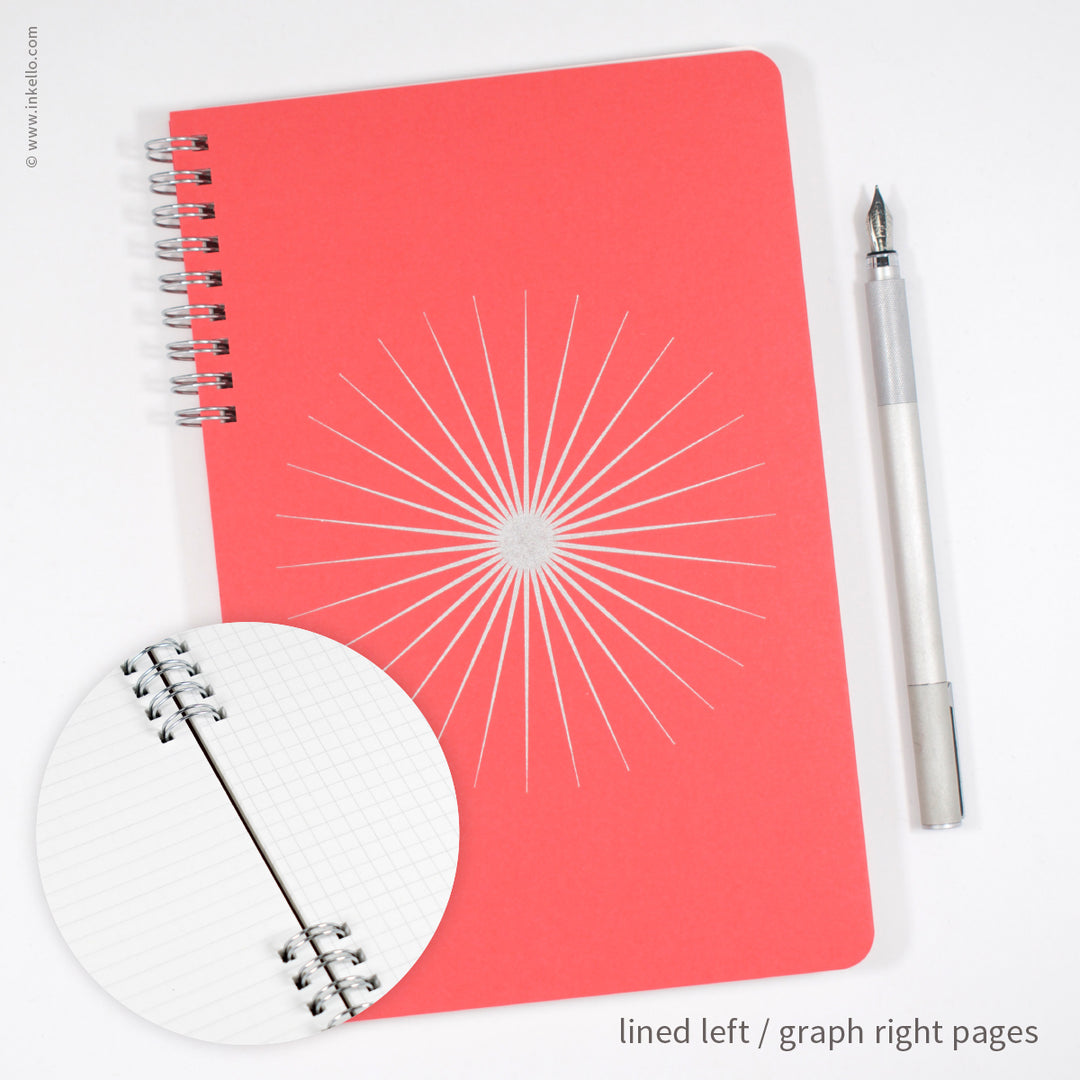 Big Burst Spiral Notebook with Coral Cover and Silver Ink (