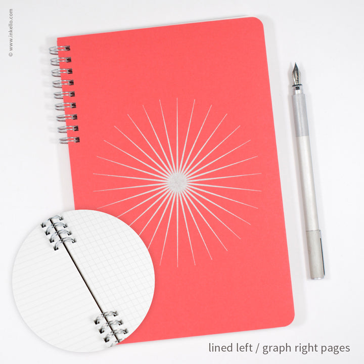 Big Burst Spiral Notebook with Coral Cover and Silver Ink (
