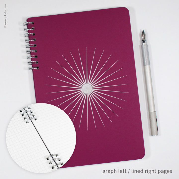 Big Burst Spiral Notebook with Mulberry Cover and Silver Ink (