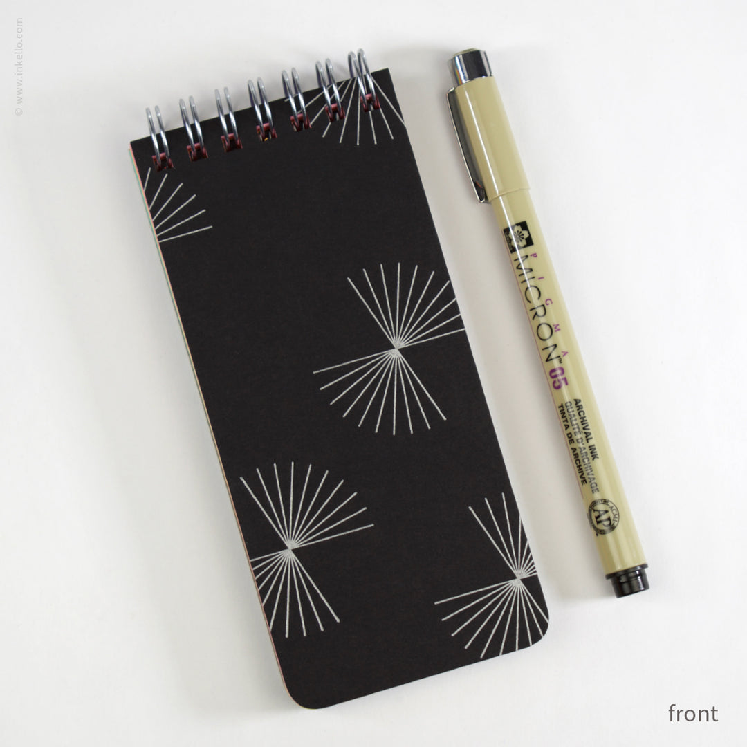 Small Black Spiral Notepad With Bursts + Rainbow Pages (
