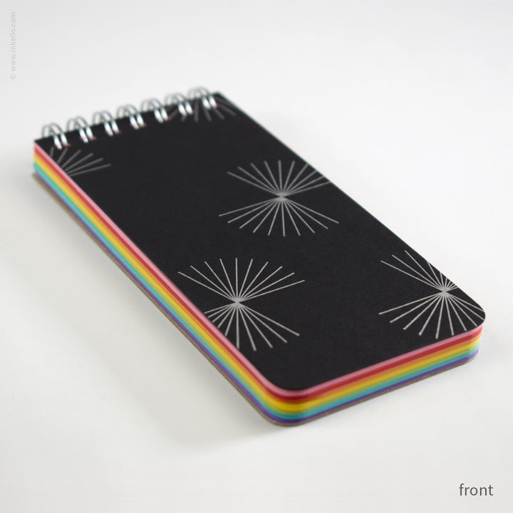 Small Black Spiral Notepad With Bursts + Rainbow Pages (