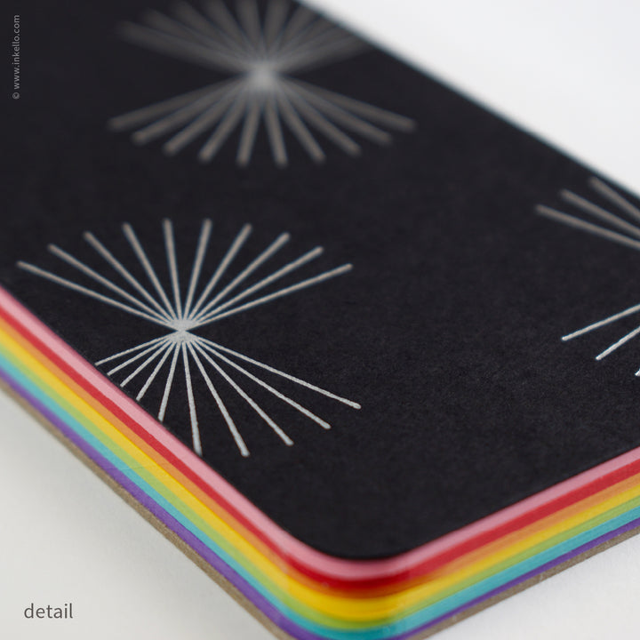 Small Black Spiral Notepad With Bursts + Rainbow Pages (