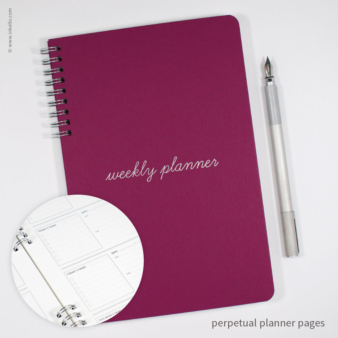 Weekly Planner with Mulberry Cover and School Cursive in Silver Ink (