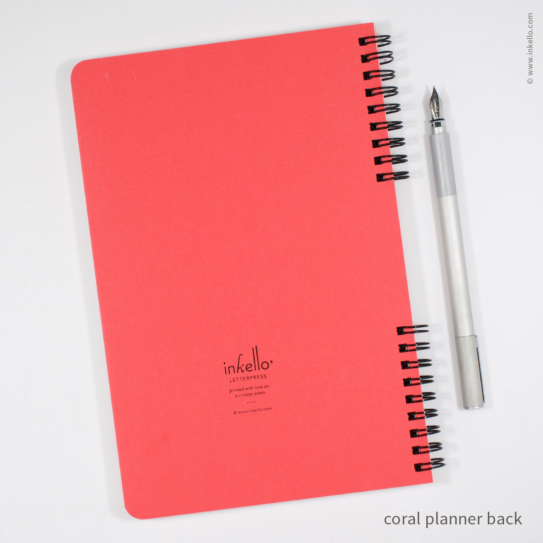 Weekly Planner with Coral Cover and School Cursive in Black Ink (
