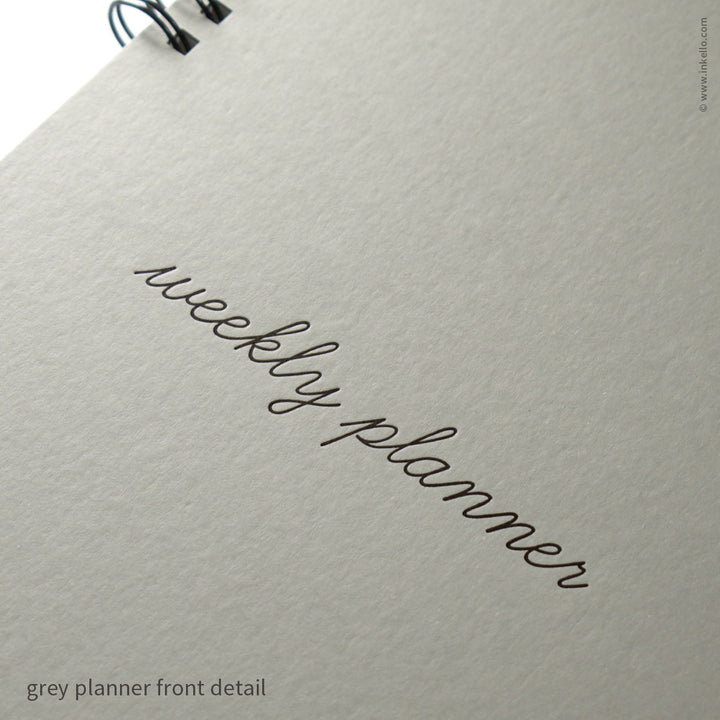 Weekly Planner with Grey Cover and School Cursive in Black Ink (