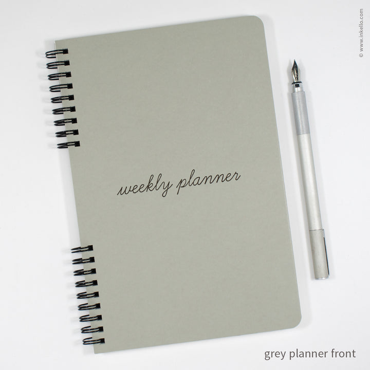 Weekly Planner with Grey Cover and School Cursive in Black Ink (