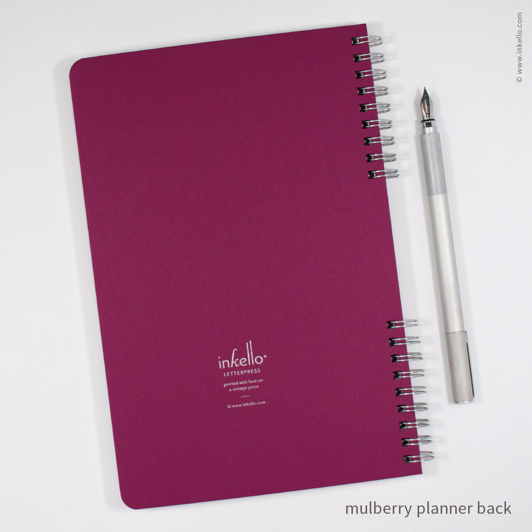 Weekly Planner with Mulberry Cover and School Cursive in Silver Ink (