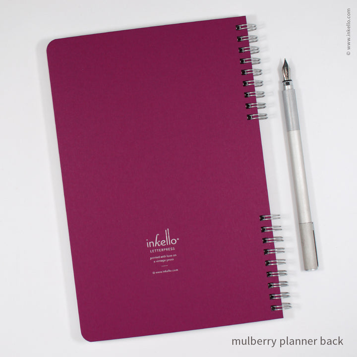 Weekly Planner with Mulberry Cover and School Cursive in Silver Ink (
