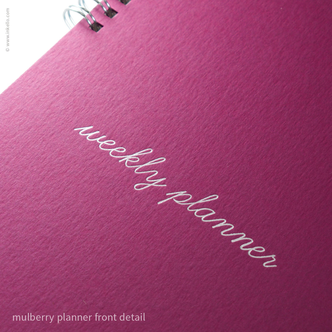 Weekly Planner with Mulberry Cover and School Cursive in Silver Ink (