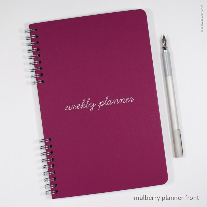Weekly Planner with Mulberry Cover and School Cursive in Silver Ink (