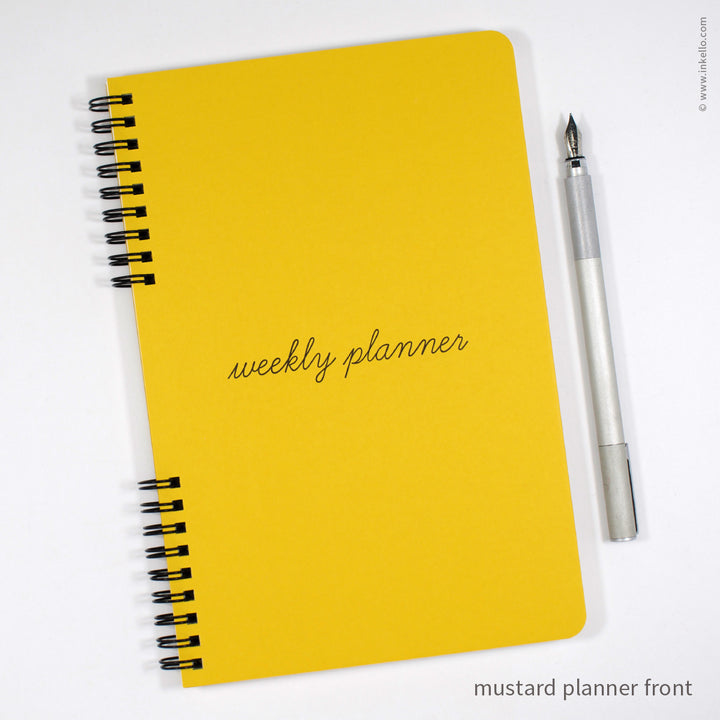 Weekly Planner with Mustard Cover and School Cursive in Black Ink (