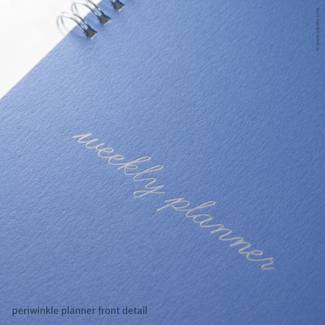 Weekly Planner with Periwinkle Cover and School Cursive in Silver Ink (