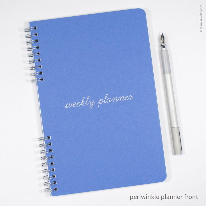 Weekly Planner with Periwinkle Cover and School Cursive in Silver Ink (