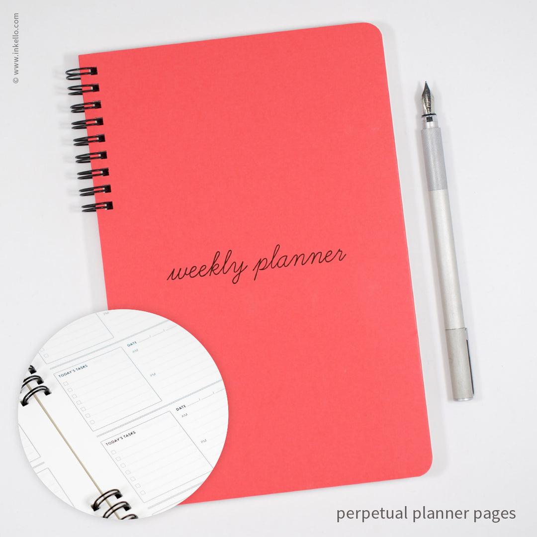 Weekly Planner with Coral Cover and School Cursive in Black Ink (