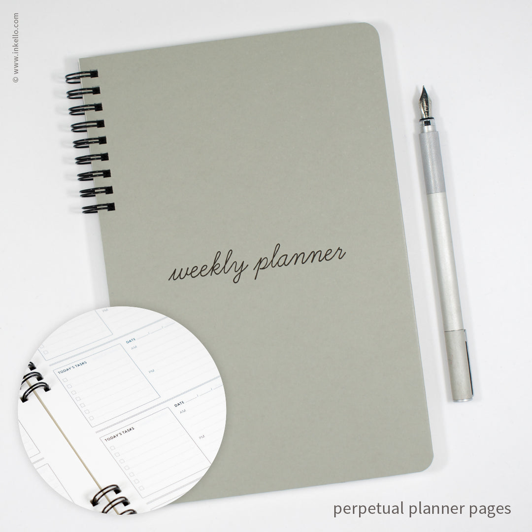 Weekly Planner with Grey Cover and School Cursive in Black Ink (