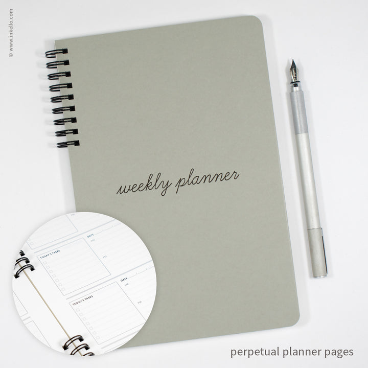 Weekly Planner with Grey Cover and School Cursive in Black Ink (