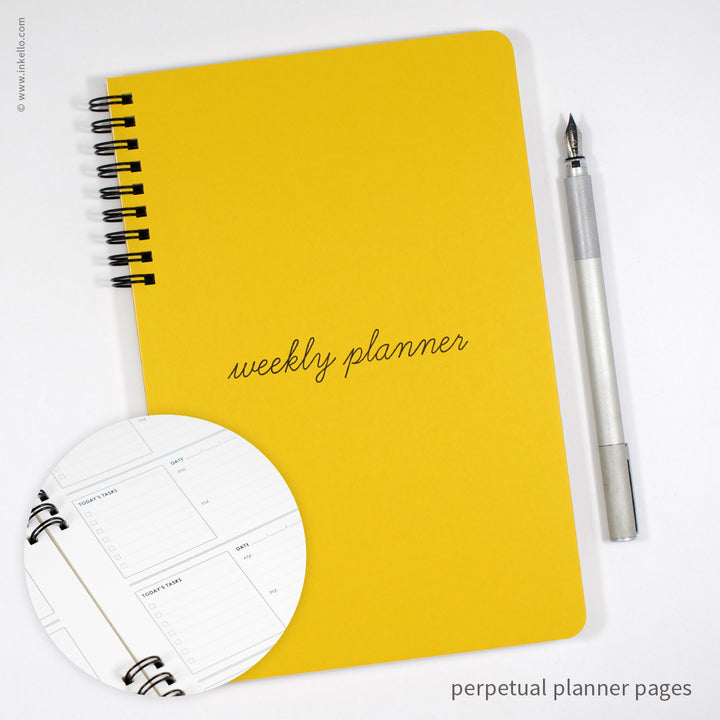 Weekly Planner with Mustard Cover and School Cursive in Black Ink (