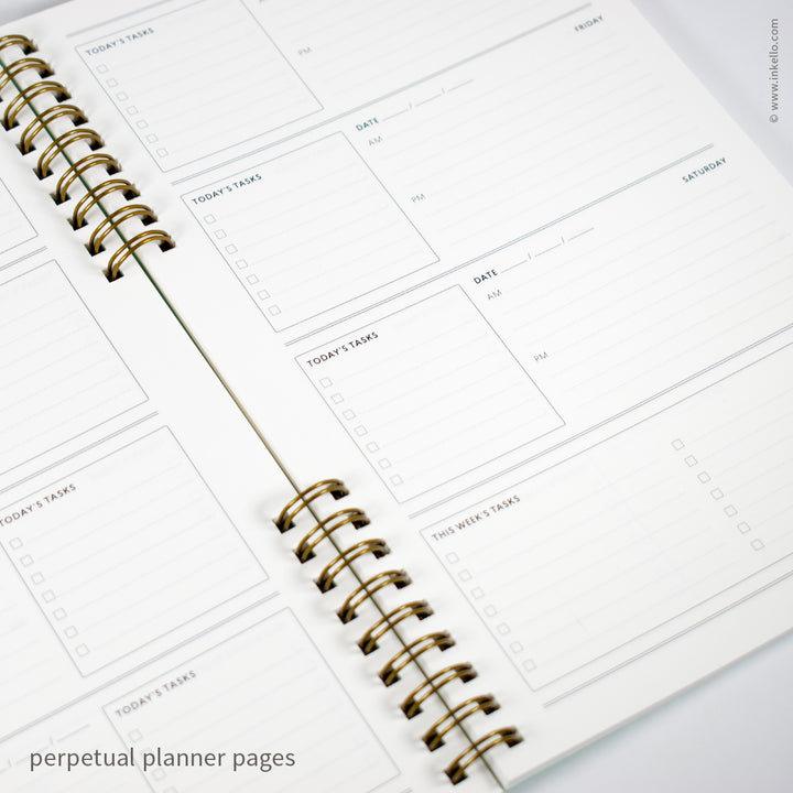 Weekly Planner with Mint Cover and T.S. Eliot Quote in Navy Ink (