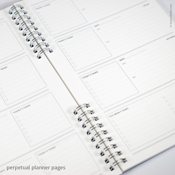 Weekly Planner with Mulberry Cover and School Cursive in Silver Ink (